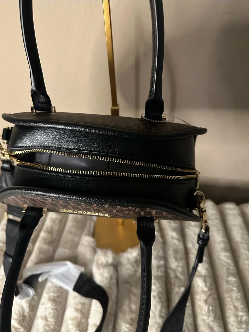 Karl Lagerfeld Brown & Black Monogram Dome Satchel NWT